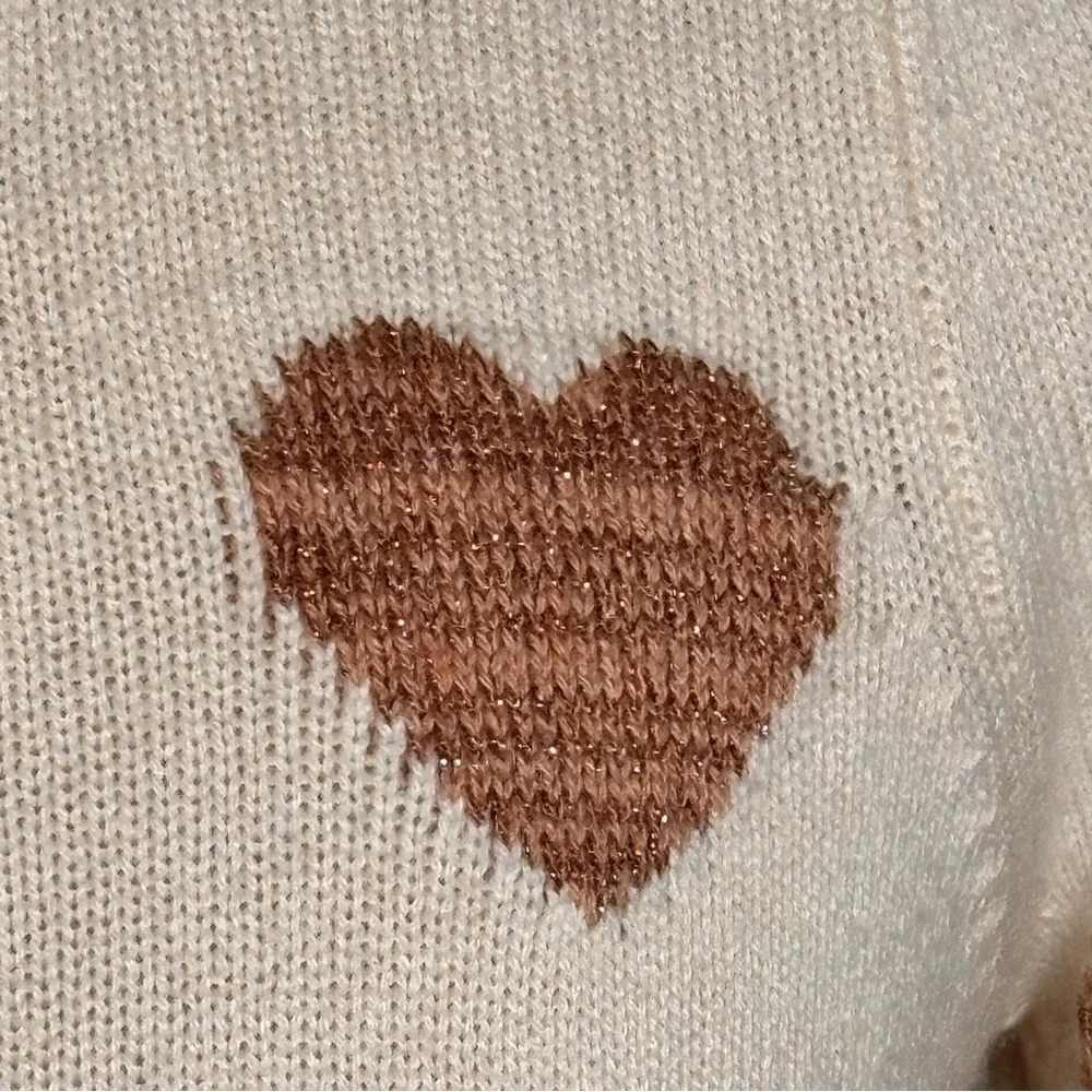 Splendid Cream Heart Sweater Bronze Lurex Hearts Soft Knit Crew Neck Size XS